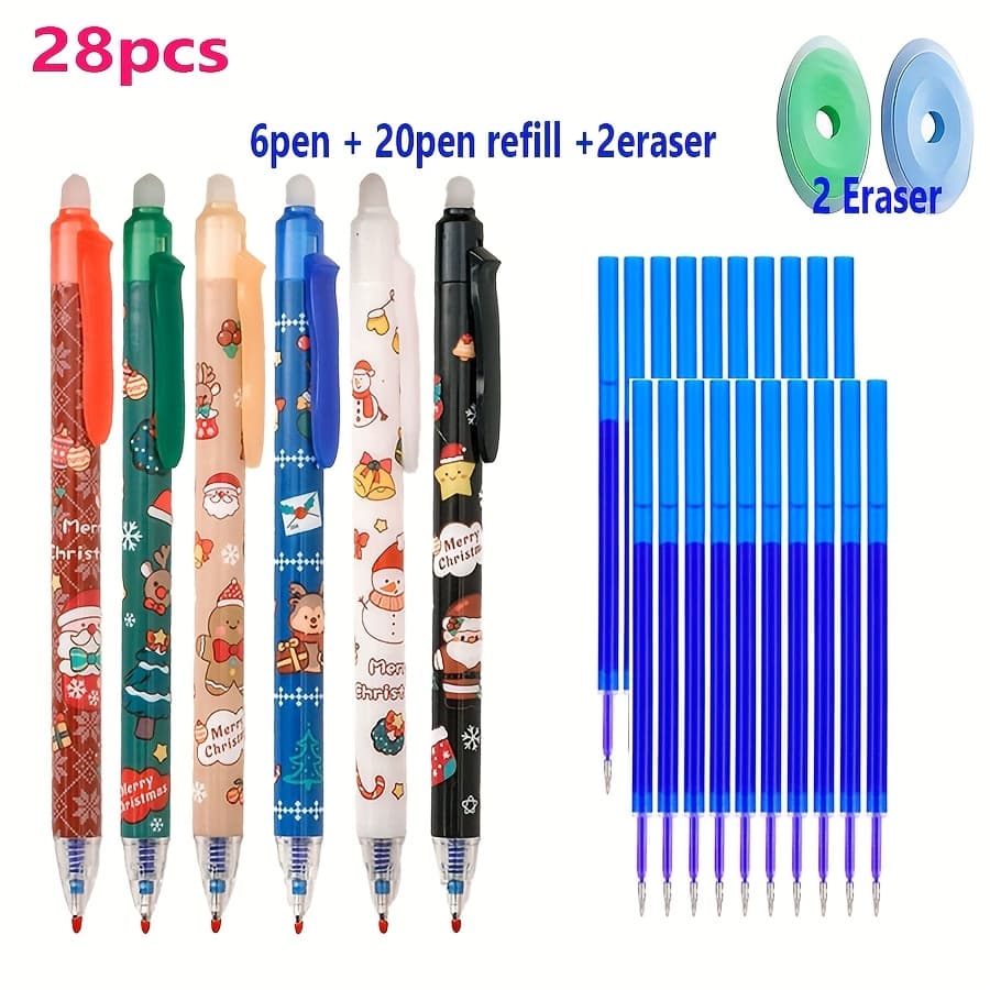 TEMU 28pcs/set Of Push-button Erasable Cartoon Gel Pens, With 0.5mm Ink Cartridge, Comfortable Handle, Interesting Design, Smooth Writing, Suitable For Schools, Offices, Christmas Gifts - Stationery