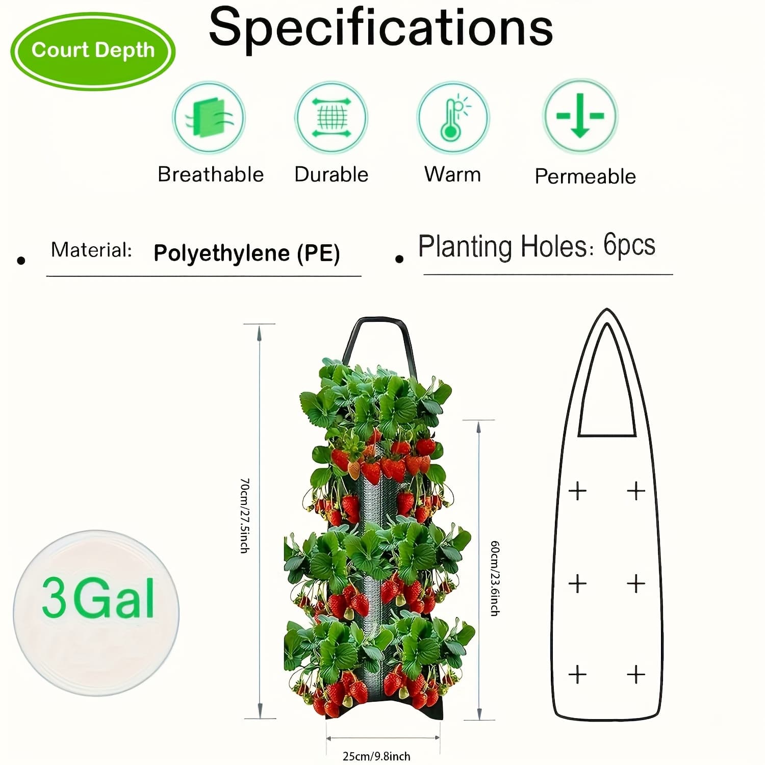 TEMU 1-pack 3+3 Opening Hanging Strawberry Grow Bag - Vertical Garden Planter For Growing Strawberries, Tomatoes, And , Durable Plastic For Gardening