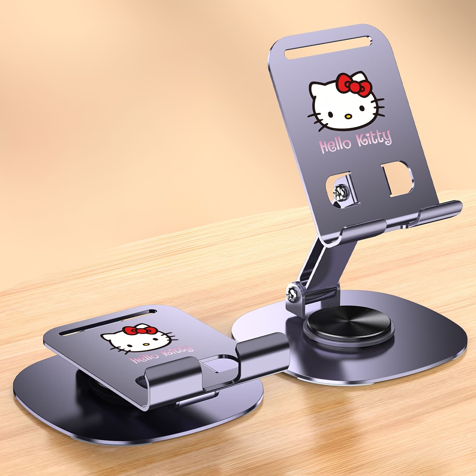 TEMU Hello Kitty 360 Degree Rotating Metal Phone Stand - Multi Functional Folding Desktop Stand With Sturdy Base And Support Rod, Suitable For All Smartphones, Ideal Desktop Accessory