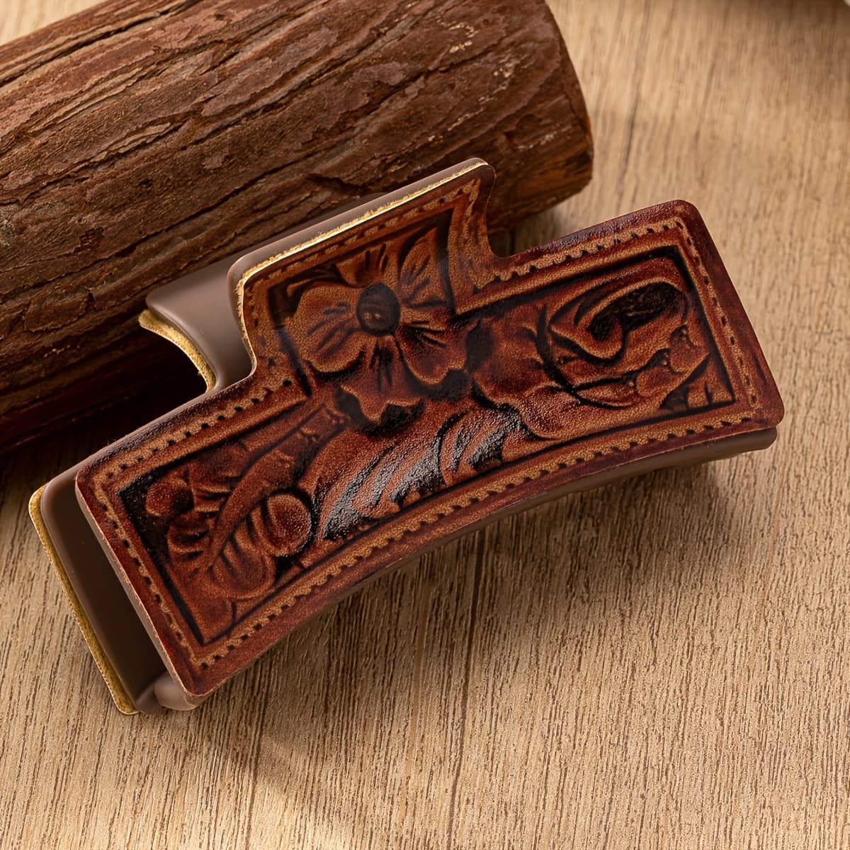 TEMU 1pc Pu Leather Sunflower Paisley Hair Claw Barrette - Cowgirl Style Rectangular Medium Hair Clip With For Women, Elegant Floral Hair Accessories, Detailed