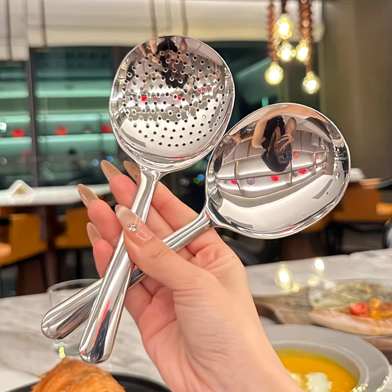 TEMU Set Of 2 Large Soup Spoons And Strainers For Commercial And Home Use, Featuring Drainage Holes And Heat-resistant Handles For , Suitable For Restaurants And Households, Made Of Stainless Steel