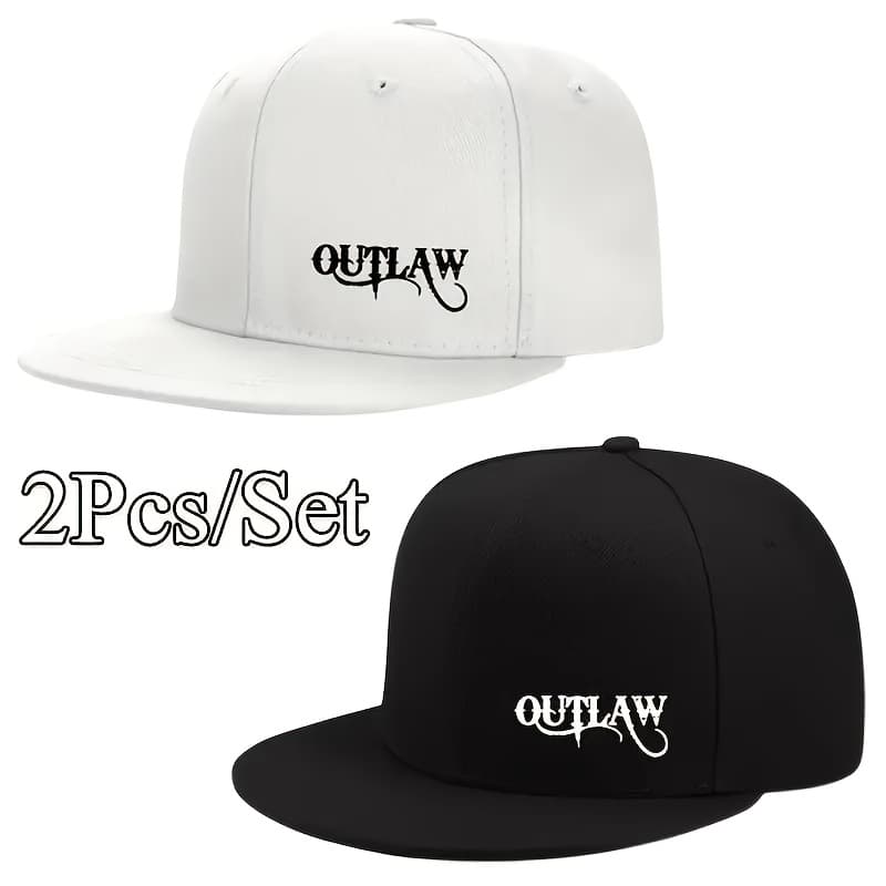 TEMU 2pcs Outlaw Letter Print Hip-hop Baseball , Adjustable Flat Brim Street Style Unisex Hat - White And Black, Perfect Gift For