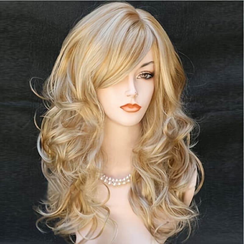 TEMU 1pc Ladies' Elegant Long Golden Curly Wig With Side Bangs. Heat Resistant Synthetic Fiber, Suitable For Any Occasion, Up, Holiday Parties, Halloween, Christmas