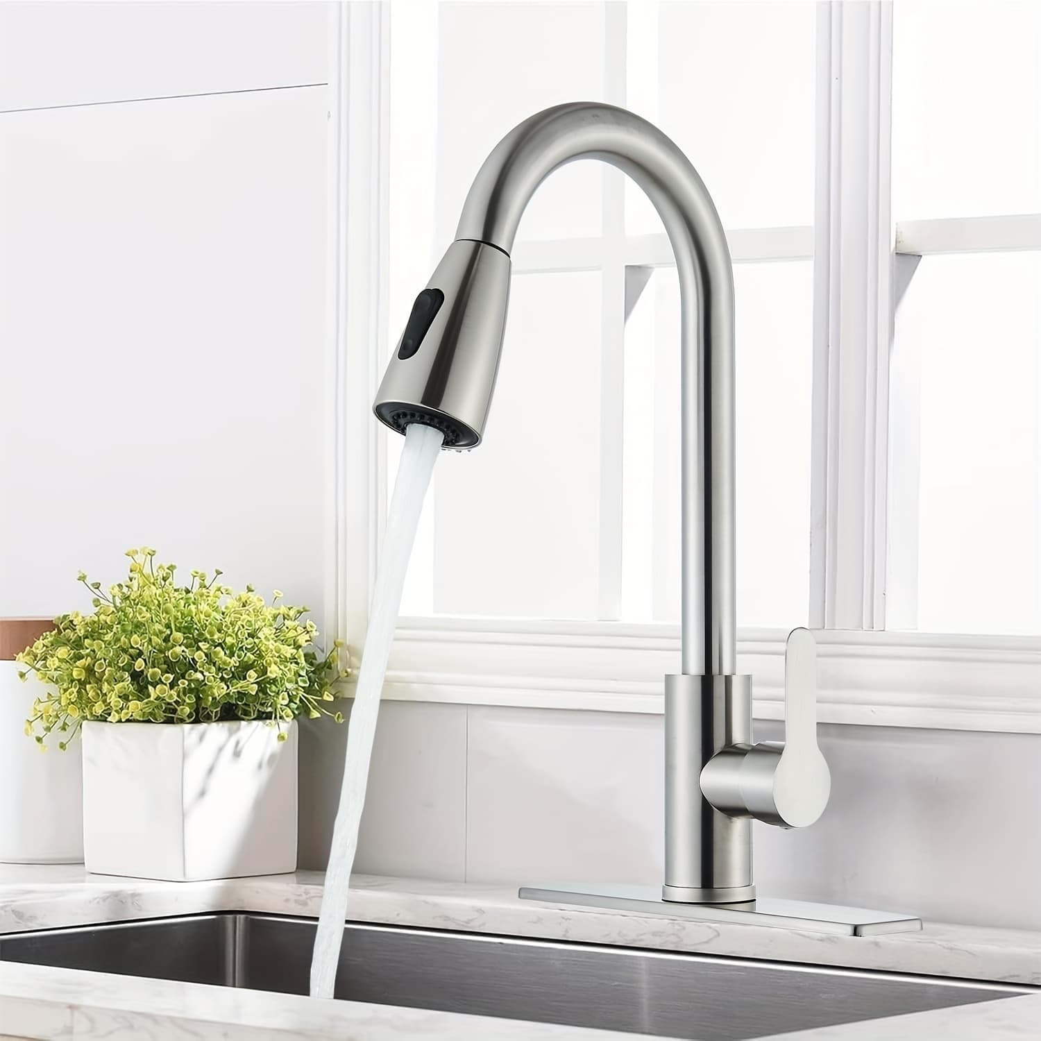TEMU 1pc Kitchen Faucet With Pull-down Spray Single Handle High Arc Commercial Brushed Nickel Kitchen Sink Faucet With Deck Plate, Suitable For Bar Laundry Rv Farmhouse (matte Black&brushed Nickel)