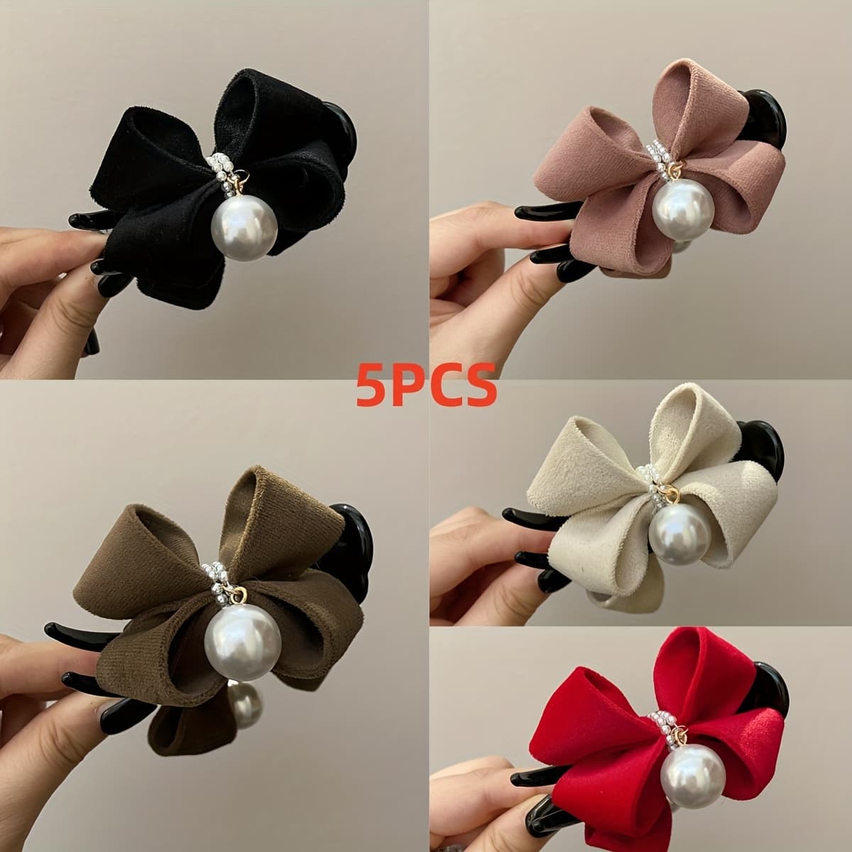 TEMU 5pcs Fabric Bow Pearl Hair Grab Clip For Women, Vintage Elegant Cute Non-slip Updos Ponytail Holder Hair Accessories, Holiday Daily Use