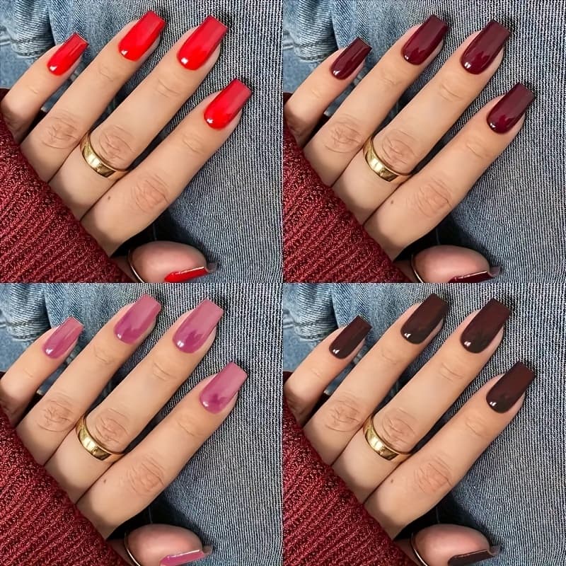 TEMU 96pcs Glossy Solid Medium Square Nails - Red, Burgundy, Nude, Black Mixed -on Nails Suitable For Parties And Daily Use