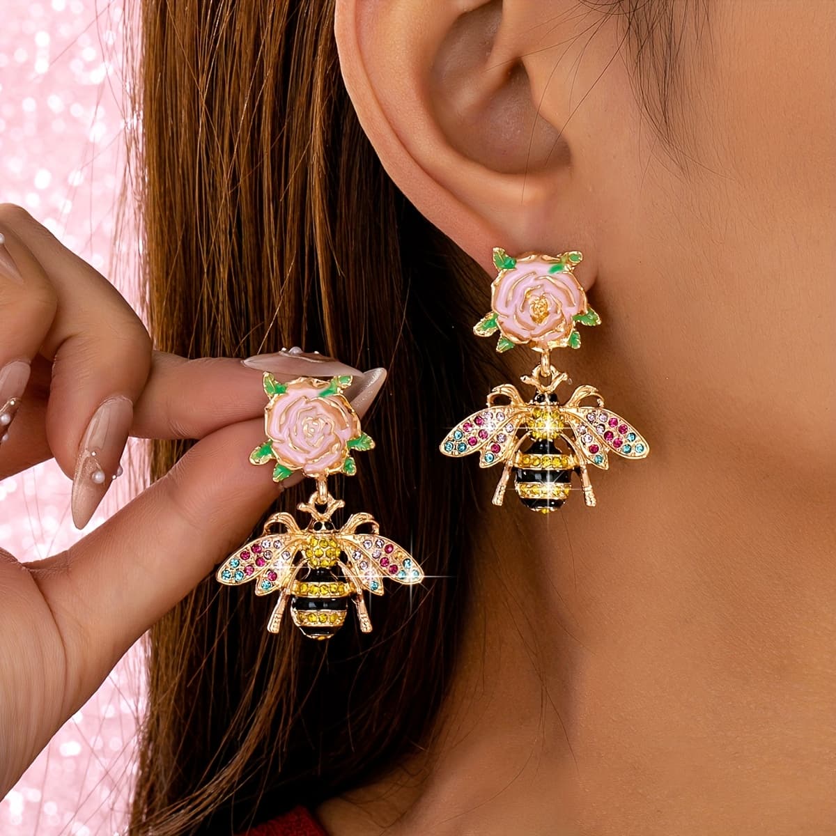TEMU 1 Pair Of Gorgeous And Adorable -encrusted Bee And Enamel-like Rose Pendant Earrings, Vibrant Women's Accessories