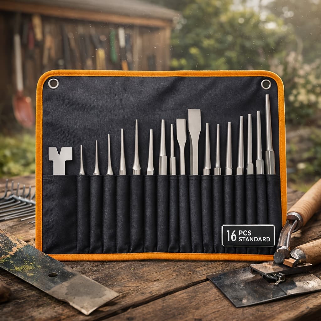 TEMU 16pcs Professional Punch And Chisel Set With Roll-up Storage Pouch, Pin Punches, Taper Punches, Cold Chisels And Center Punch For Metalworking, Automotive And Machinery Repair