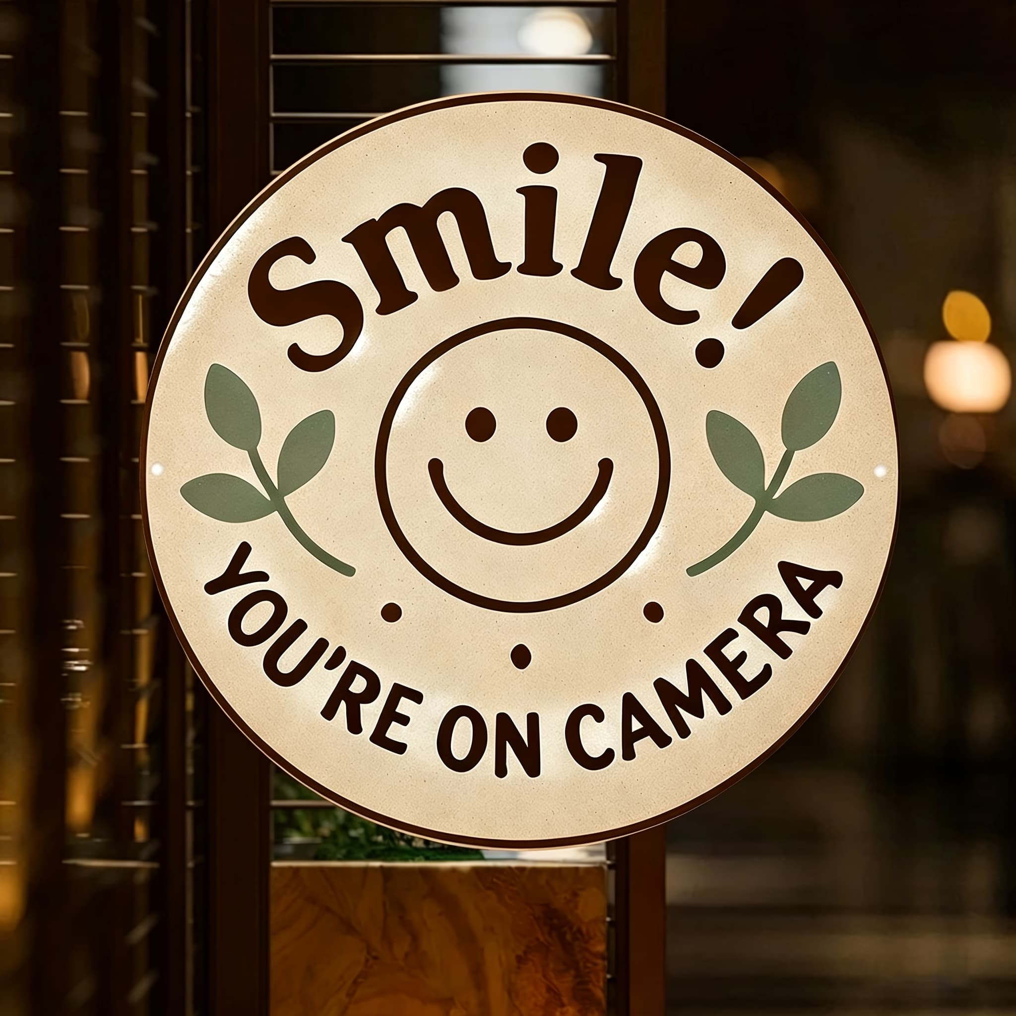TEMU 2d Flat "smile! Camera" Sign - Vintage Metal Wall Art Featuring A Happy , Durable Aluminum Tin Sign Suitable For Home, Bar, Café, Garage Decor - For Indoor/outdoor Use, 19.79x19.79 Cm