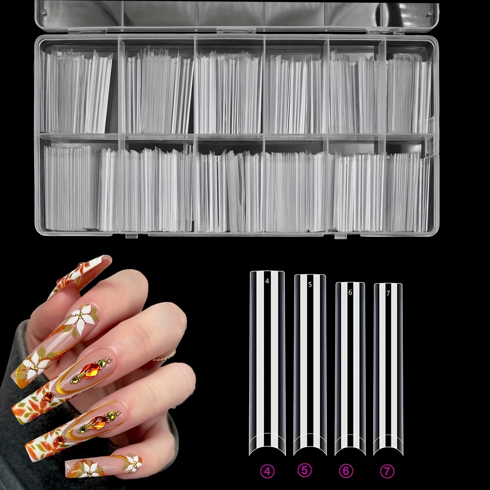 TEMU 256pcs Extra Long No Curve Nail Tips, 4 Sizes (the Most Used Sizes) Xxxl Super Long Half Cover No Tapered Square Nail Tips For Abs Nails With Box, Make Sizes Are Not , Gift For And Women