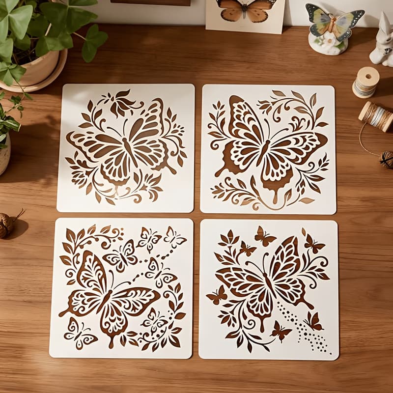 TEMU 4pcs Reusable Hollow-out Stencils Suitable For Wall, Fabric, Canvas, - , Insect, Floral And Plant Templates With Vine Patterns, Craft Supplies For Hollowing Out Paper, Compatible For Home Decor