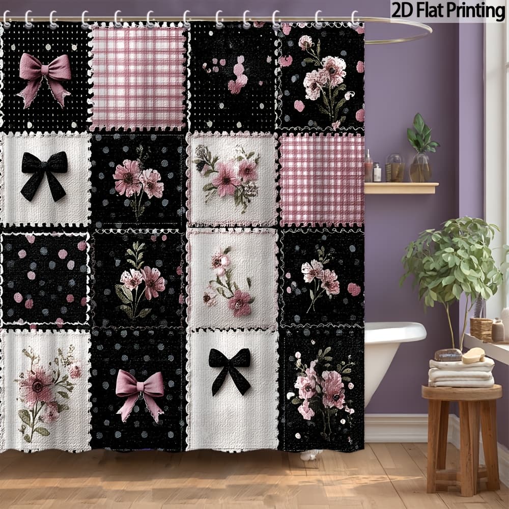 TEMU 2d Flat, 2d Flat, 1pc A 2d Flat Floral Shower Curtain Made Of Polyester Fabric, Suitable For Bathroom Decoration. It Measures 70.8x70.8 Inches And Comes With 12 Hooks