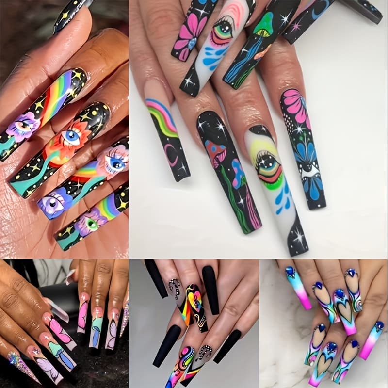 TEMU 5 Boxes (120pcs Extra Long Press On Nails Fake Nails Set - Eyes And Crystal Rhinestones Matte With Glue On Nails Colorful Stripes Floral Patterns Wearable Nail Art Festive Gift Set