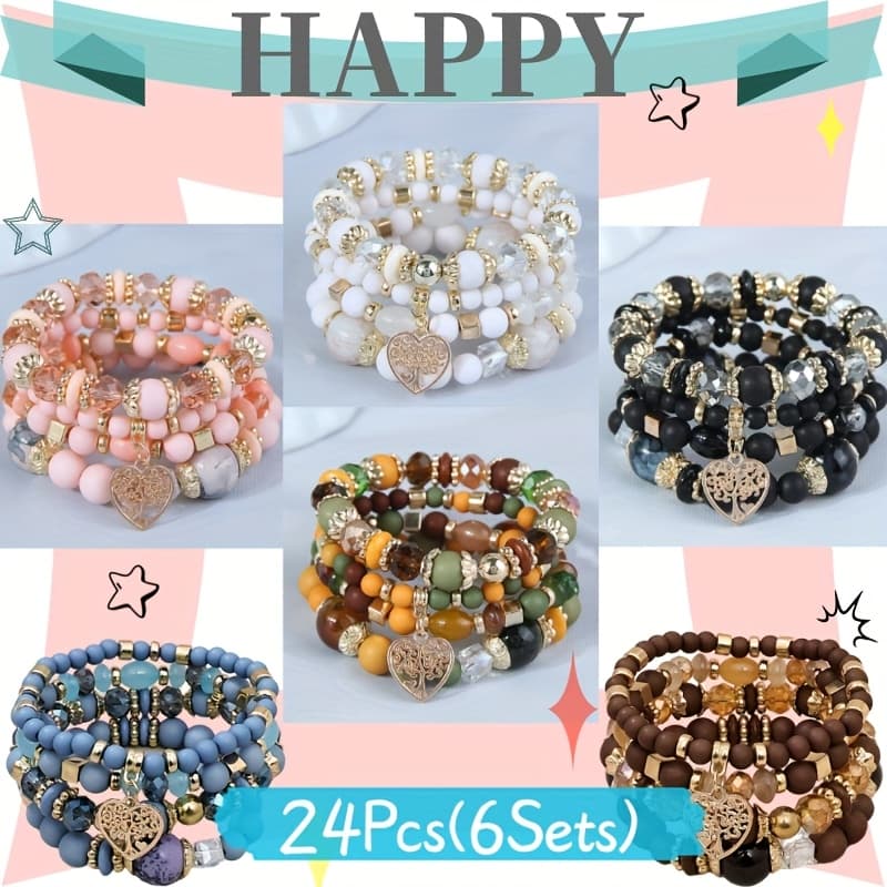 TEMU 24pcs Bohemian Beads Bracelet Set With Tree Charm For Women, Fashionable Artificial Crystal Bangle Jewelry Accessory, Design, Gift , All Season Daily Casual Wear