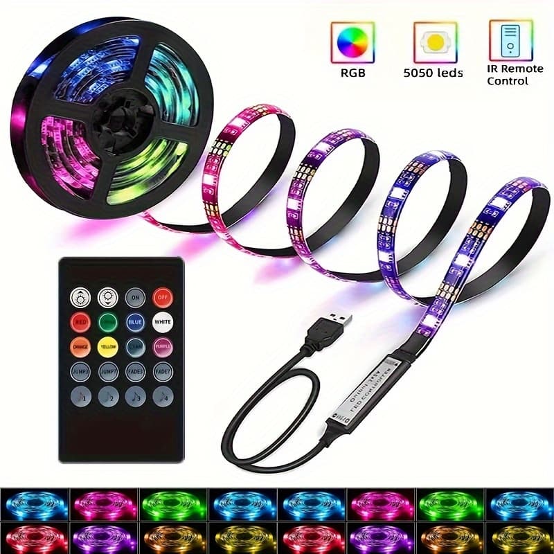 TEMU Rgb Led Light Strip With 20-key Remote Control, Music Sync 5050 Rgb Color Changing Rope Lights, Usb Powered Flexible Light, For Bedroom, Home Decoration, Party, Festival (1/5/10/15/20m)