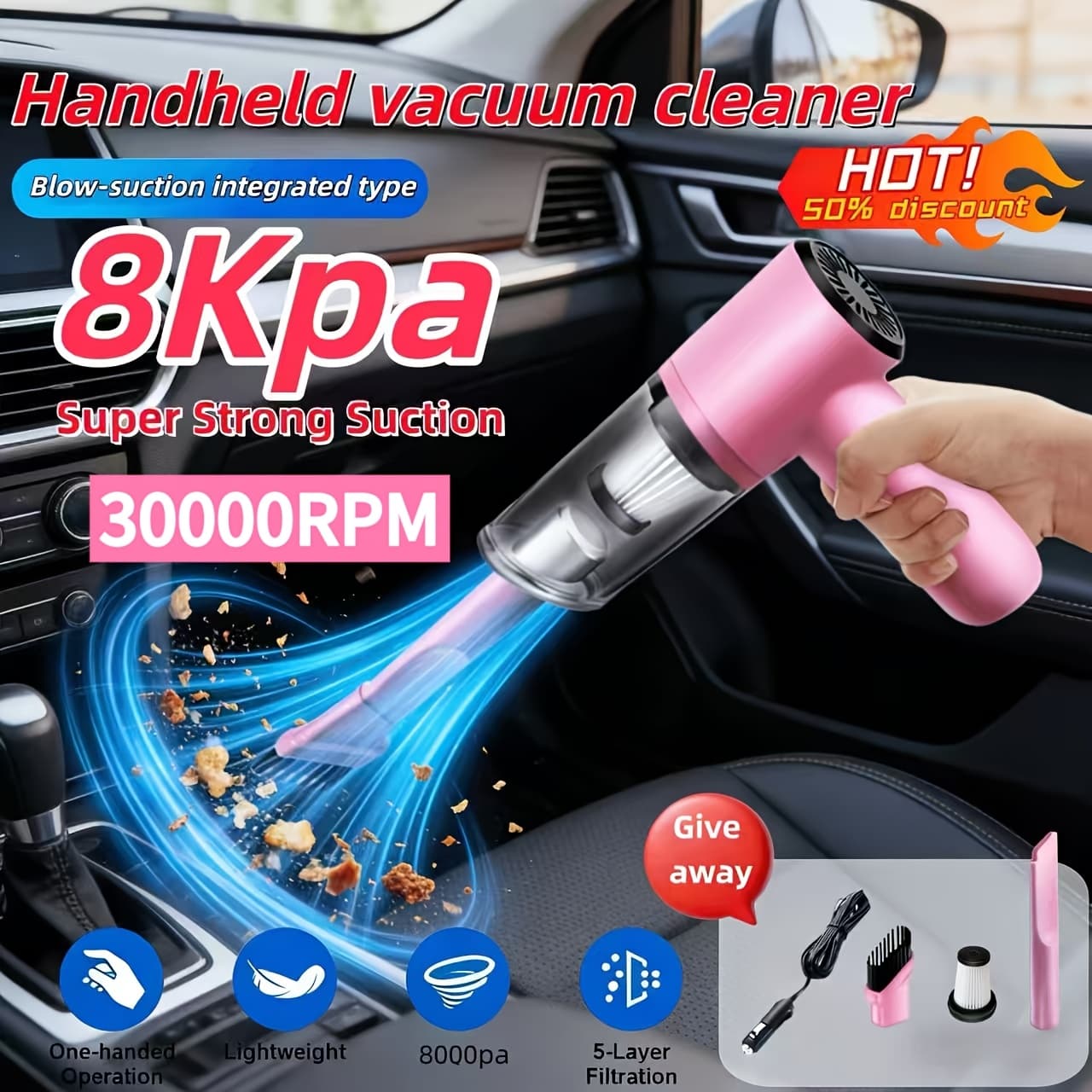 TEMU 12v Mini Multifunctional Compact Handheld Office Desktop Vacuum Cleaner, Super 8000pa 120w High Power Desktop Vacuum Cleaner- Powerful, Can Remove Dust And Pet Hair Creative Chri