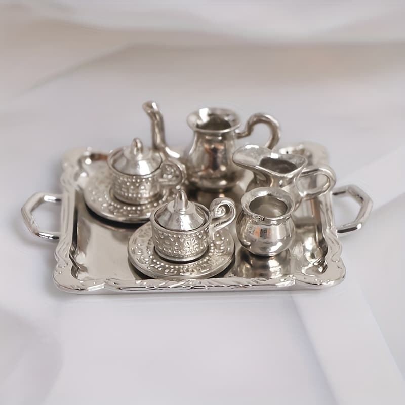 TEMU 10pcs 1/12 Miniature Silvery Metal Tea Cup Tableware Set Ornament