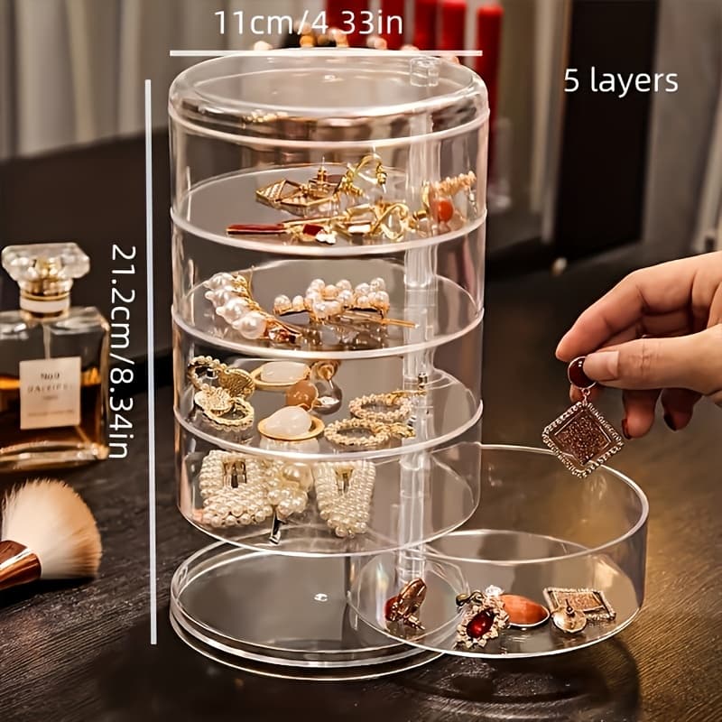 TEMU 1 Bohemian Style Large Capacity 5-layer Rotating Dustproof Jewelry Storage Box - Transparent And , Secure Closure & Oval Compartments, Suitable For Necklaces, Earrings, Rings, Bracelets,