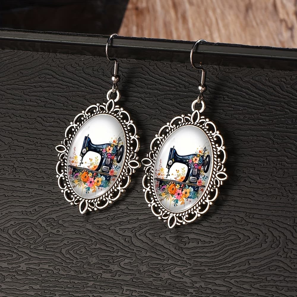 TEMU A Pair Of Vintage Floral Sewing Machine Earrings With Glass Drops, Perfect As A Gift For A Friend