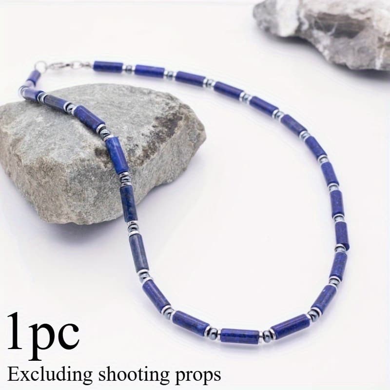TEMU Simple Classic Men's And Women's Wear Natural Stone Beaded Lapis High Quality Men's Necklace
