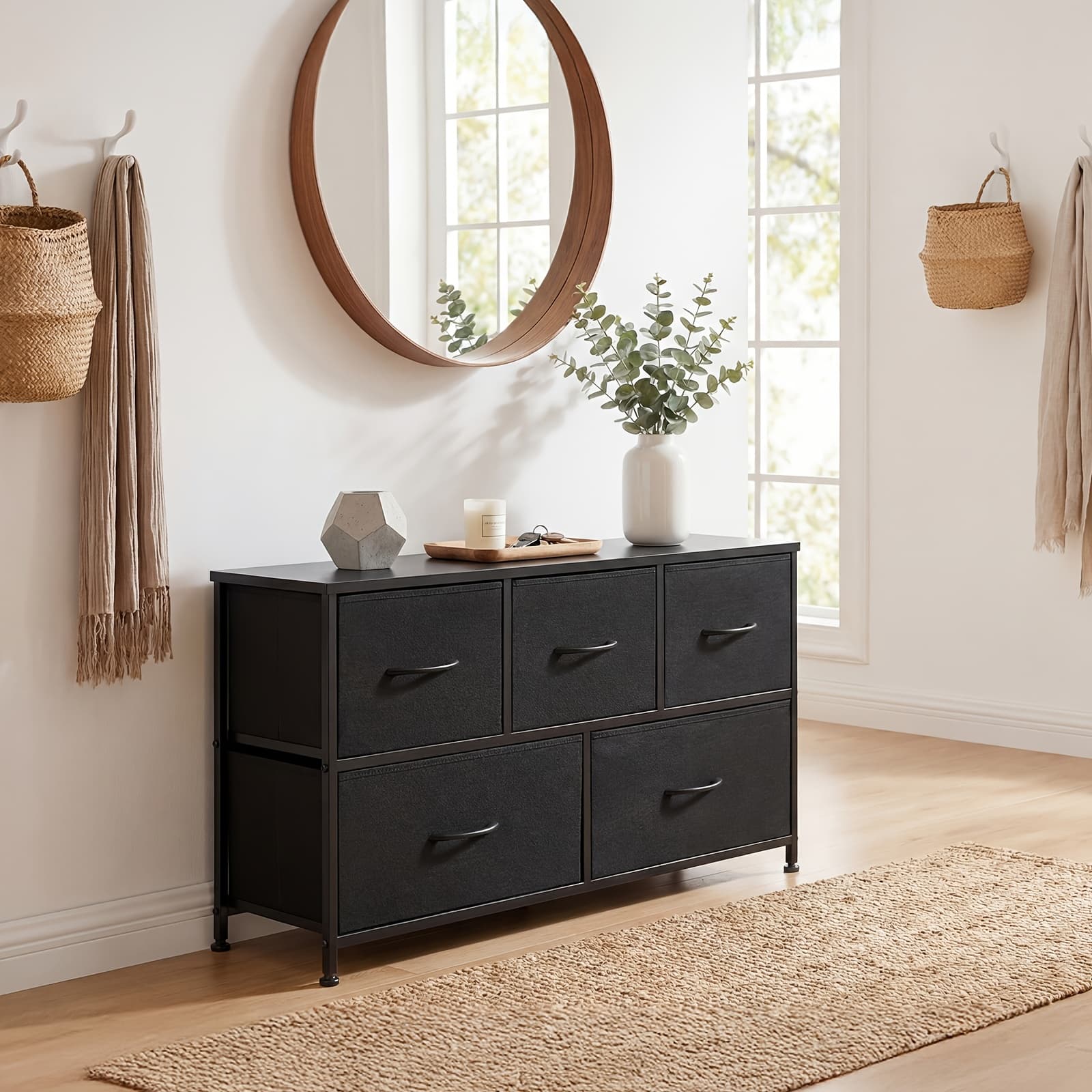 TEMU Office Chest File Cabinets With 5 Drawers, Dresser With Metal Frame And Wooden Tabletop, Clothing Drawer Fabric Wardrobe Entryway Storage Tower, Free Wrench