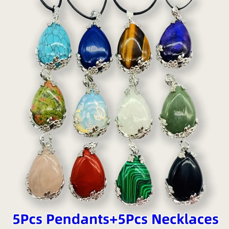 TEMU 5pcs Natural Stone Pendant Plum Necklace Set - Assorted Colors Plum Stone Pendant & Black Rope For Craft Making, Daily Wear & Gift Random