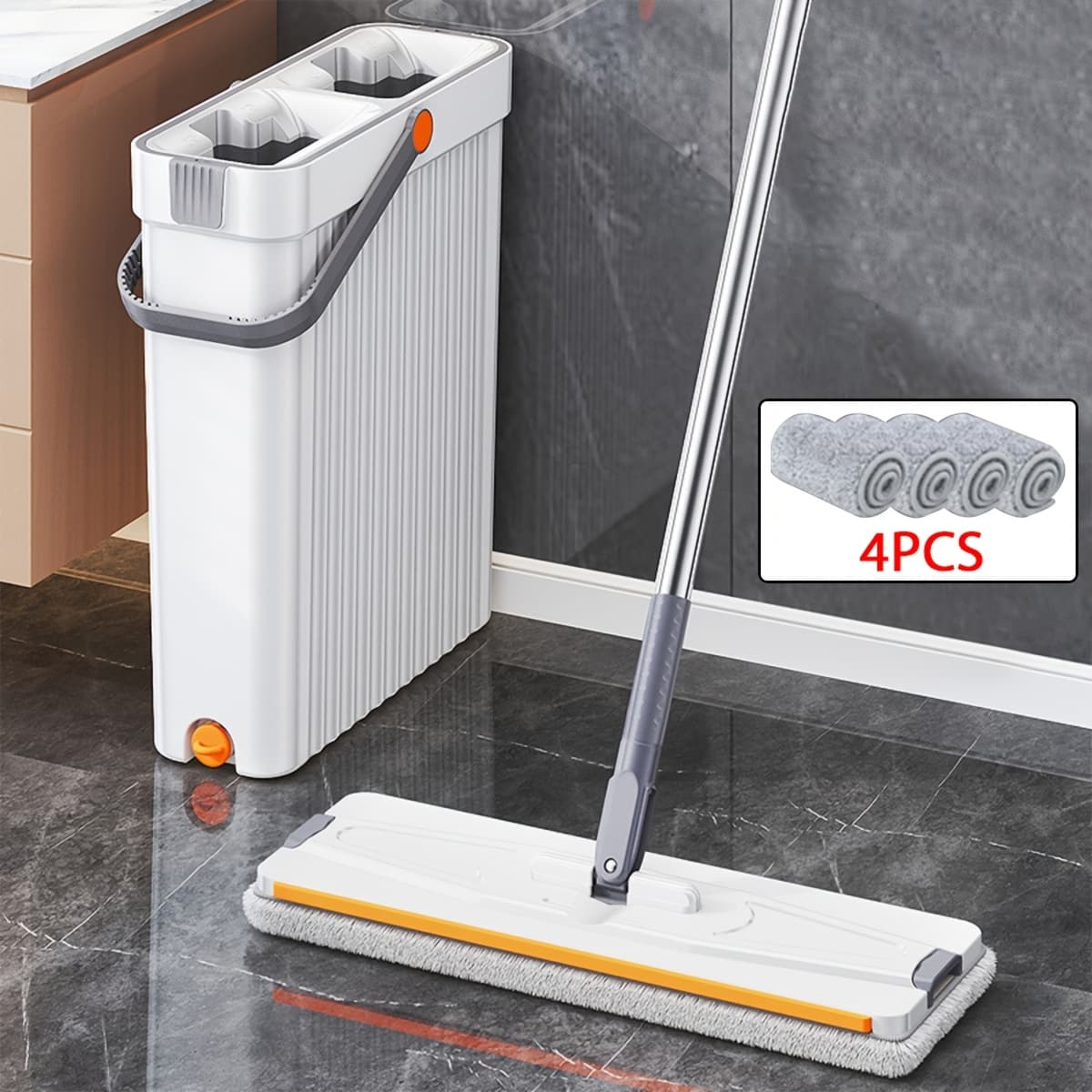 TEMU Flat Mop & Bucket Set, Wet Dry Floor Mop With 4 Washable And Reusable Microfiber Cloths, Cleaning For Floors, Yards, Bathroom, Essential Cleaning Supplies And Tools
