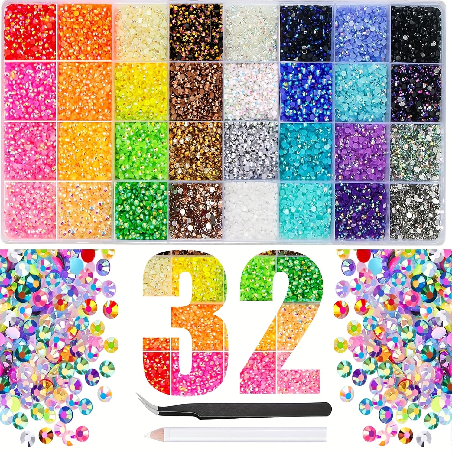 TEMU 32 Colors Resin Jelly Rhinestones For Bedazzling, 3mm Multicolor Flatback Synthetic Gemstones For Crafting, Kit With Pick Up Pen And Tweezer For Clothes Book Shoes Nails Art Makeup