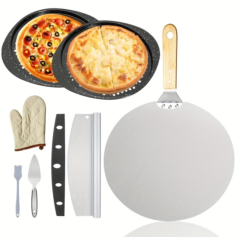 TEMU Set Of 7 Pizza Tools Including A 12" X 14" Pizza Spatula, A Pizza Paddle With A Rocker Cutter, A Pie Server, An Oil Brush, And Additions For Baking Pizza, Dough, Bread, And Pastries