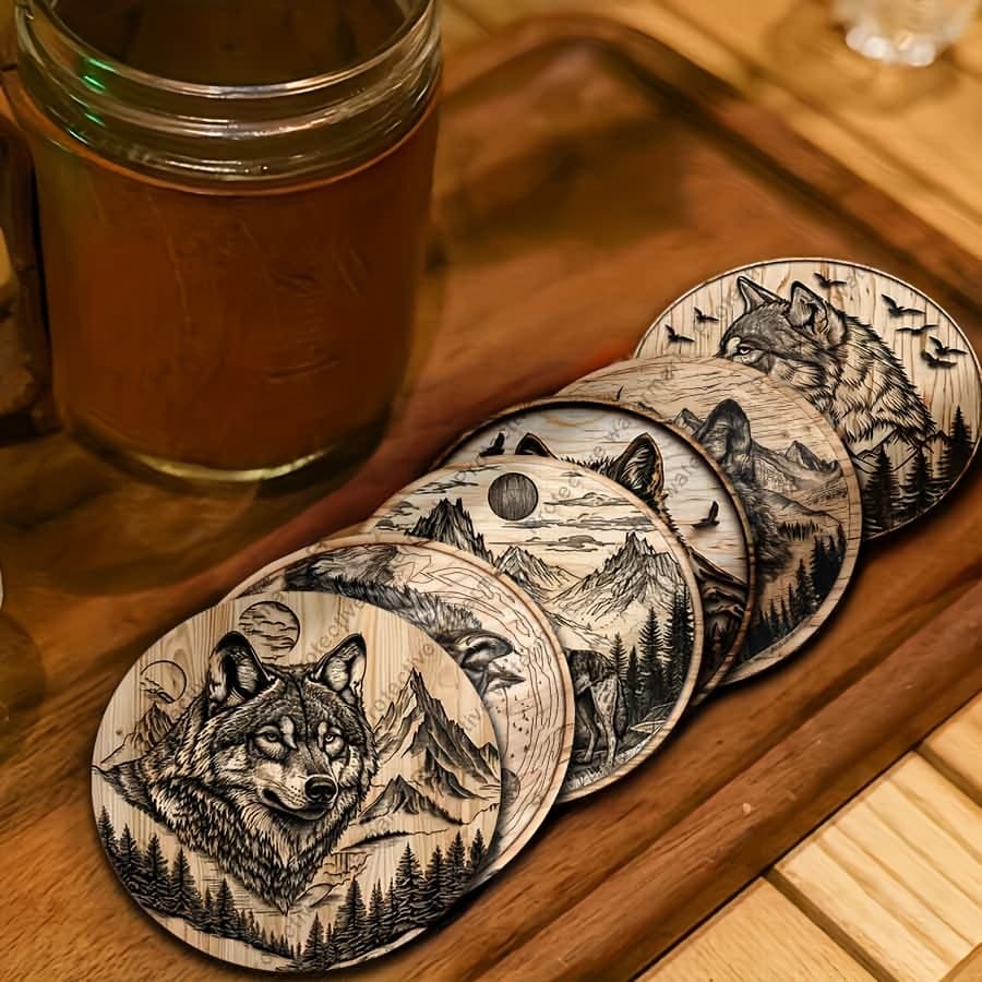 TEMU 6pcs Wolf Pattern Coasters Set - Home Decor Coffee Cup Mats, Families, Cafes, Afternoon Tea, Bars, And Festive Room Accessories, Creative Gift Idea