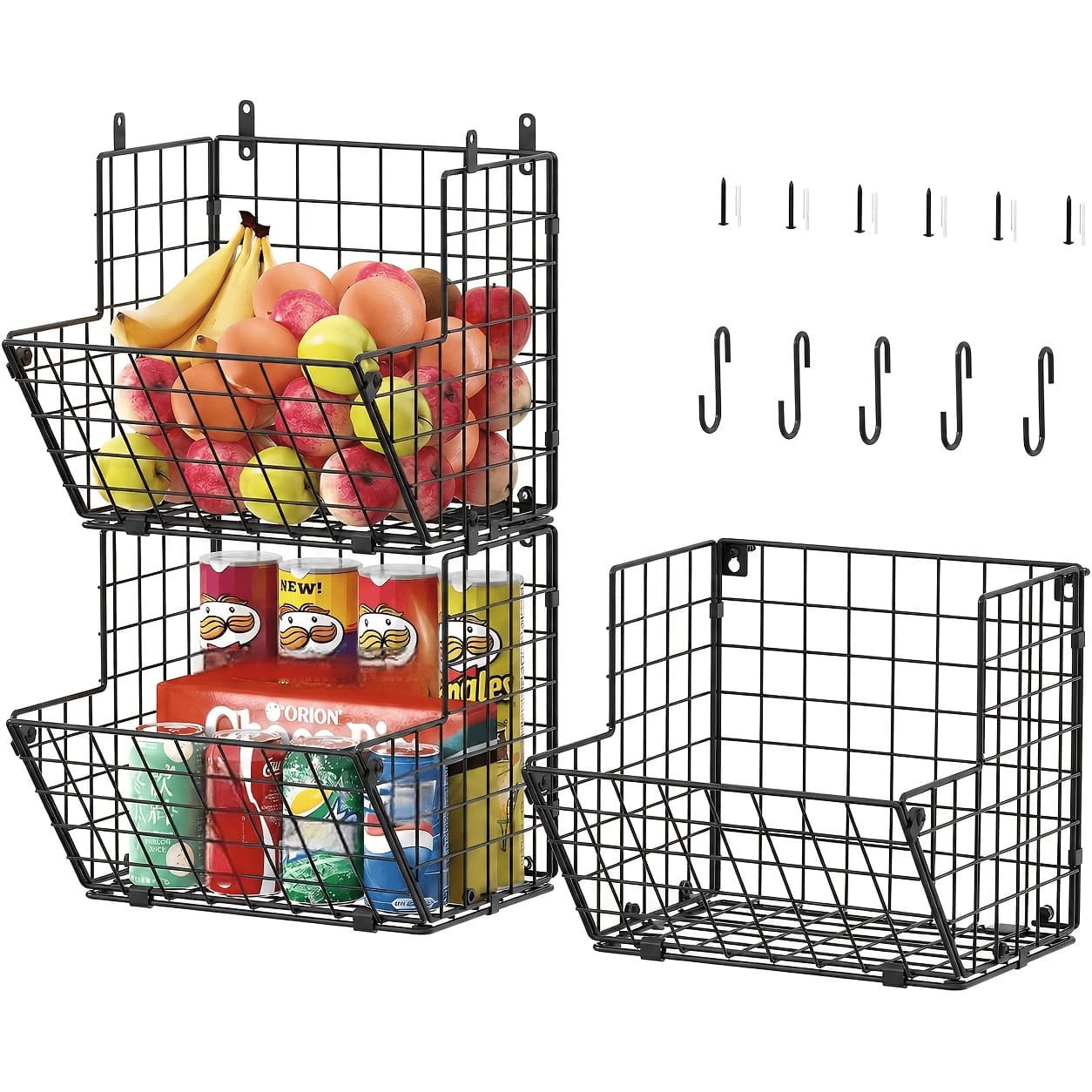 TEMU Metal Wire Basket Wall Mount, 3 Tier Wall Storage Organizer With 5 S Hooks, Kitchen Fruits And Vegetables Bin Organizer Hanging Basket Black (s (10.83" L X 10.63" W X 30" H)), Shelf Baskets