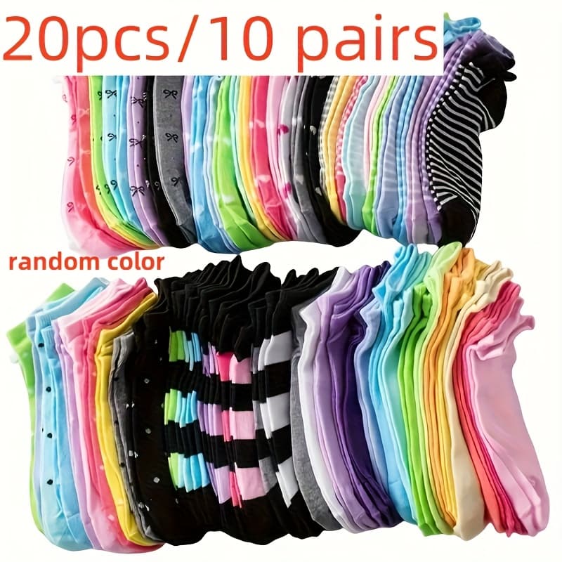 TEMU 20pcs/10 Pairs Fashion Black And Heart Socks, Socks- Soft, Breathable, Comfortable Low Cut Design With Fun Patterns(hearts, Stripes, Dots) And Bright Colors, Reusable, In Random Colors