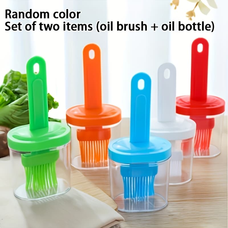 TEMU 2pcs Set: Oil Bottle And Brush, Random Color, Bbq Basting Brush - High Heat Resistant Kitchen Cooking Brush For Pancakes, Home Baking, And Consumable Oil With Bottle