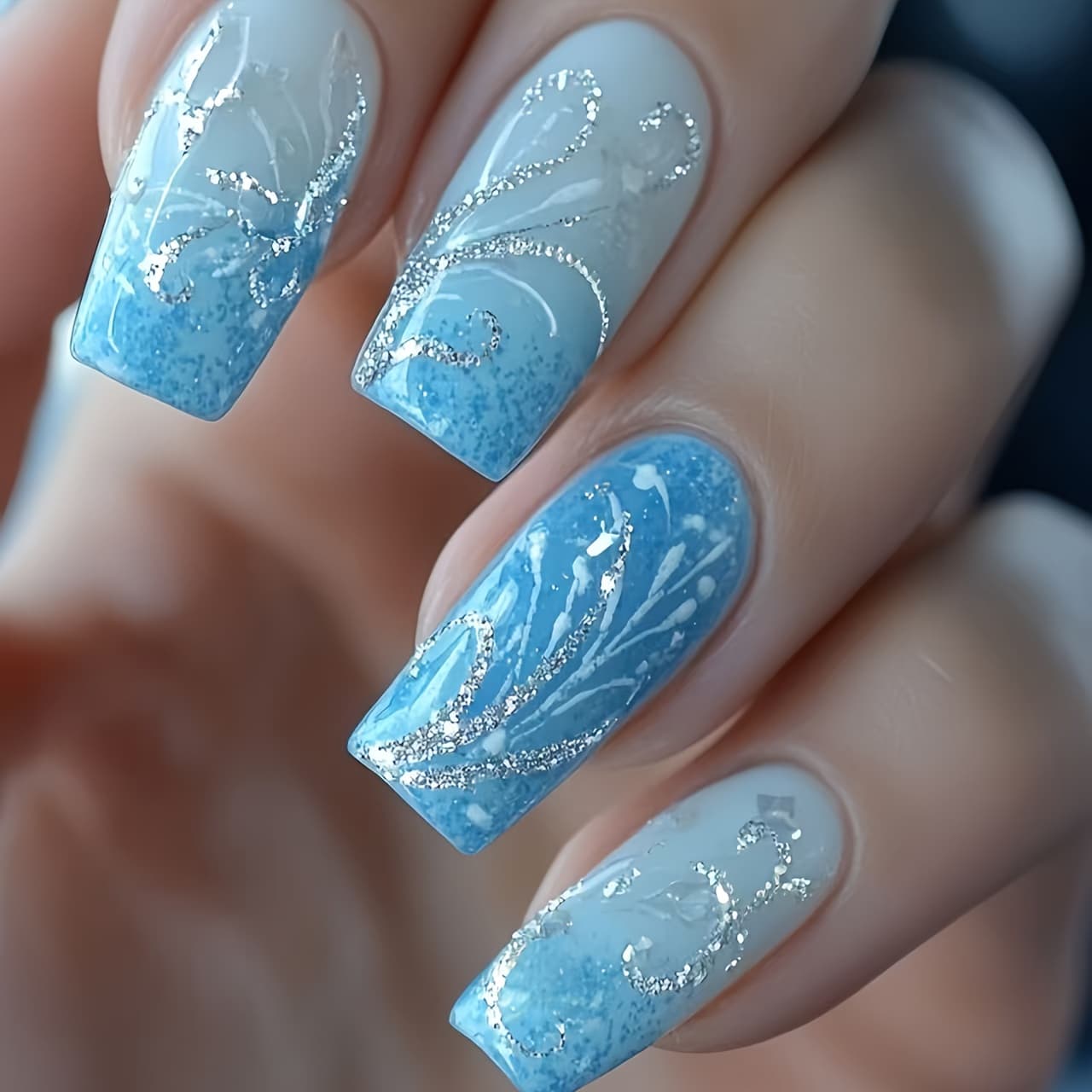 TEMU 24pcs Ice - Blue Translucent Blue - Silvery - Art Press - On Nails, Suitable For Events, Removable Artificial Nails