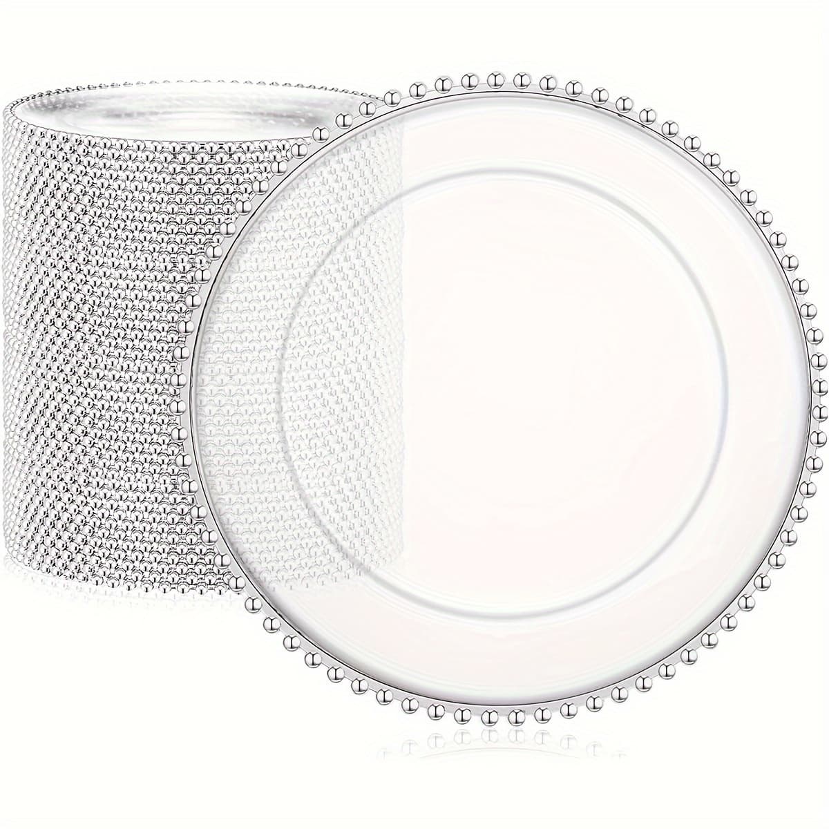 TEMU 50pcs Pack Clear Plastic Charger Plates With Beaded Rim - Elegant Round Dinner Plates Suitable For Home Weddings, Birthdays, Bridal Showers - Decorative Tableware For Party Dinner Table Settings