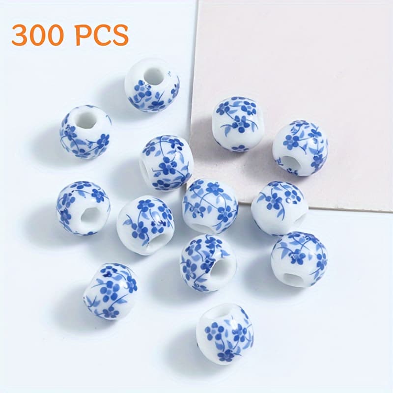 TEMU 300pcs Blue And White Porcelain Beads 8mm Semi-finished Beads Large Hole Ceramic Beads Accessories Bracelet Necklace Handmade Materials