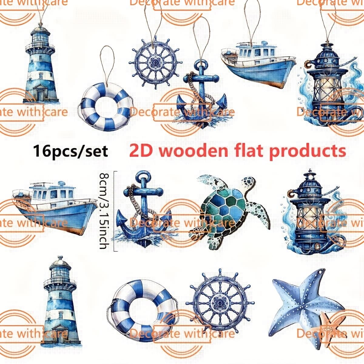 TEMU 2d Flat - 16pcs/set Summer Ocean Themed Decoration, 2d Wooden Hanging Ornament, Marine Animal Decor For Navigation, Home Decor, Pool Party Decoration, Christmas Decor