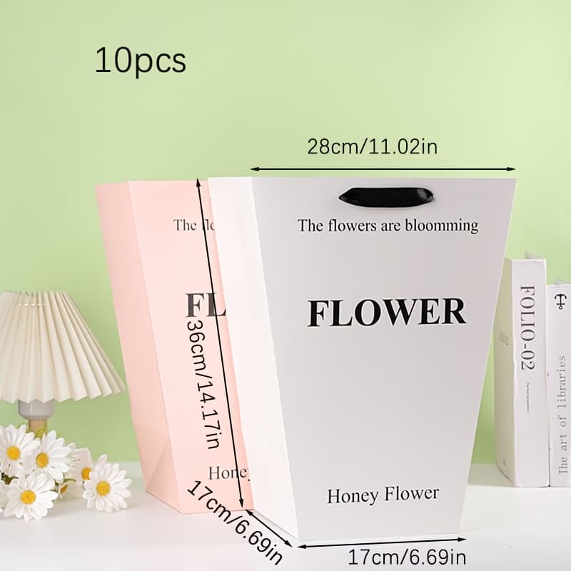 TEMU 10pcs Elegant White Paper Flower Gift Bags With Handles - Premium Rectangle Design For Christmas And Valentine's Day Floral Presents