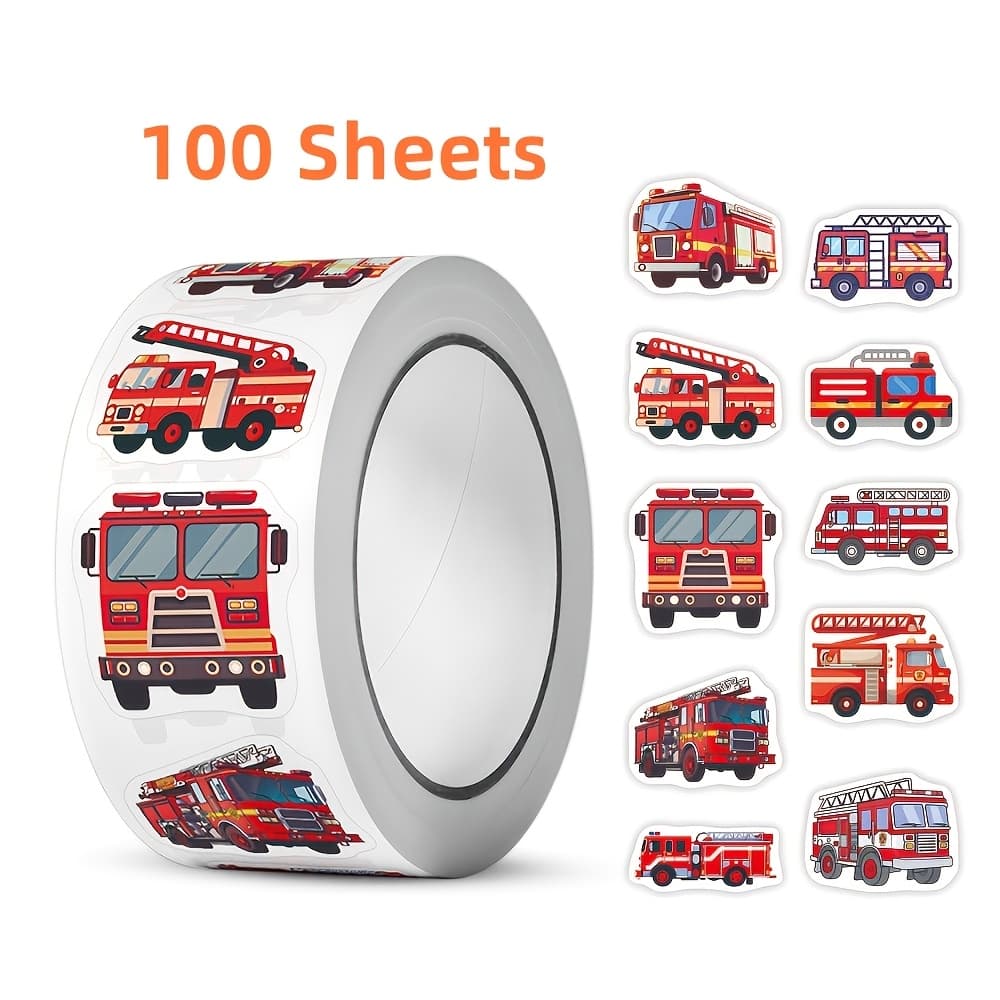 TEMU 1 Roll/100 Sheets Of Fire Truck And Firefighter Stickers - Self-adhesive High- Truck Stickers, Suitable For Gift Bags, Envelope Seals, Party Decorations, And Office Supplies