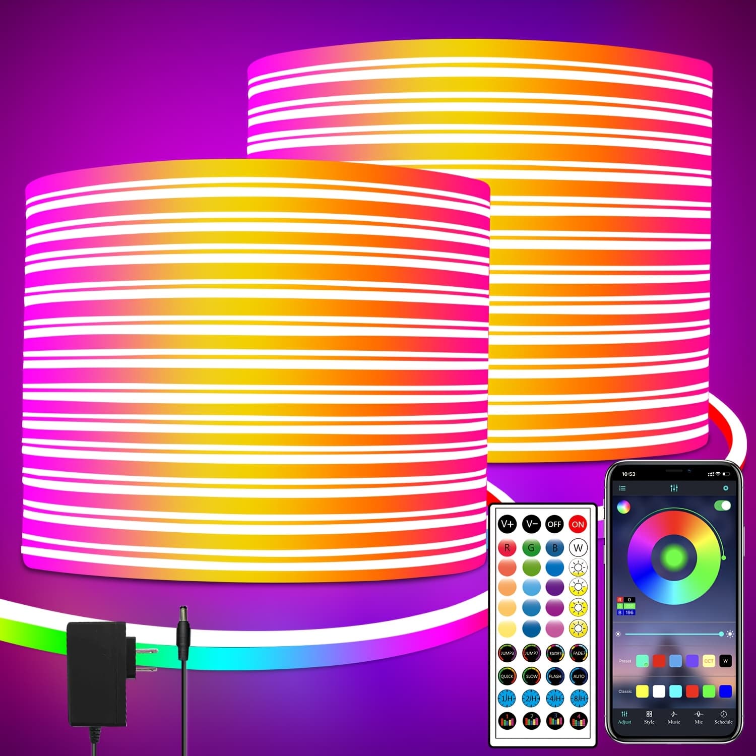 TEMU 100ft Rgb Led Neon Rope Lights With Remote/app Control Flexible Neon Led Strip Lights For Bedroom Room Decor(2 Rolls Of 50ft)