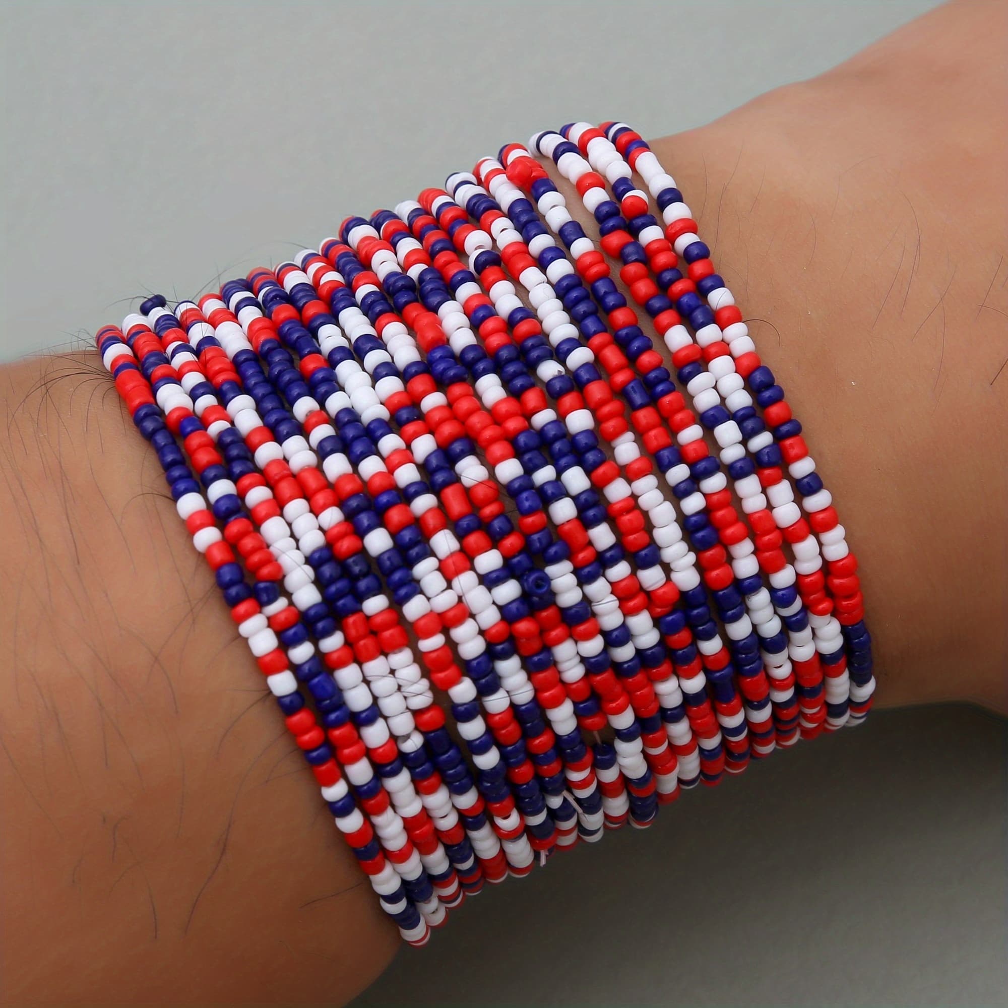 TEMU Boho Red, White, And Blue Beaded Bracelet Set | Handcrafted Elastic Love-themed Beaded Jewelry For Women, Fashionable Stackable Design, Ideal For Parties And Birthday Gifts