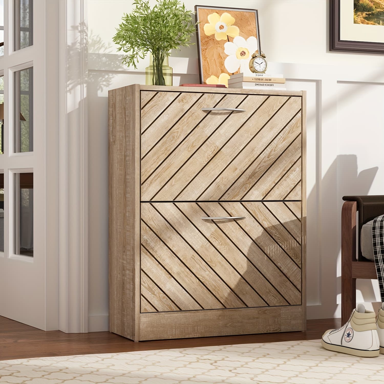 TEMU A Two-tier Wooden Shoe Storage Unit Featuring 2 Pull-out Drawers And Slanted Louvered Doors, Perfect For Organizing Shoes In The Entryway, Hallway, Or Bedroom. Easy To Put And Designed With Style