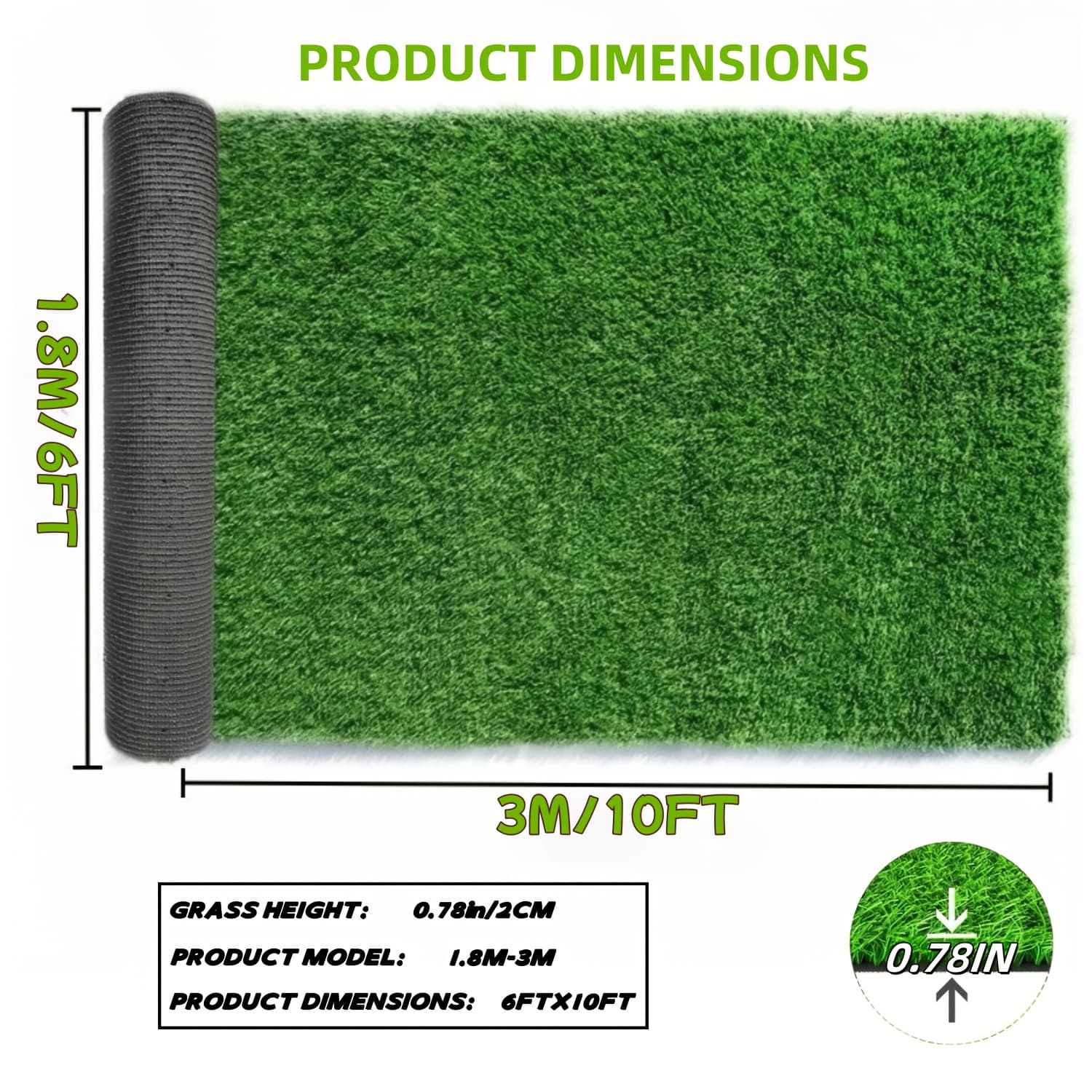 TEMU 6ft X 10ft Artificial Grass Mat, 20mm Grass Height, With Drainage Holes, For Garden, Patio, Balcony, And Decor, Multi-use For Indoor And Outdoor