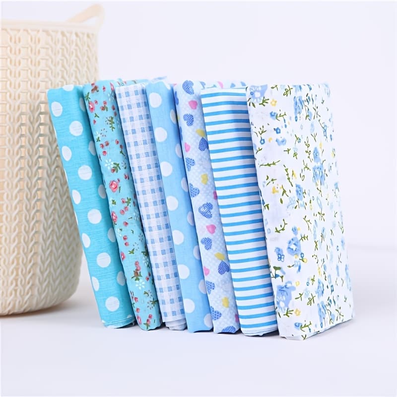 TEMU 7pcs Blue Floral & Polka Dot Craft Fabric Bundle - 10" X 10" Squares For Sewing, Scrapbooking, And Quilting, Hand Wash , Sewing Supplies Additions