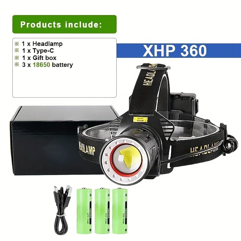 TEMU Super High Power Xhp360 Fishing Headlamp Usb Rechargeable Head Lantern 3*18650 Sensor Flashlight