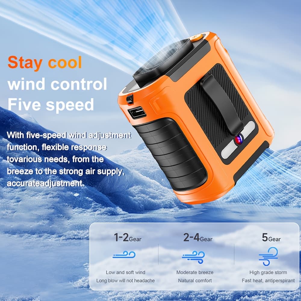 TEMU 10000mah Portable Waist Fan Clip On Wearable Belt Personal Fan Rechargeable Battery Operated With 5 & Flashlight Neck 40h Cooling For Outdoor Bank (orange)
