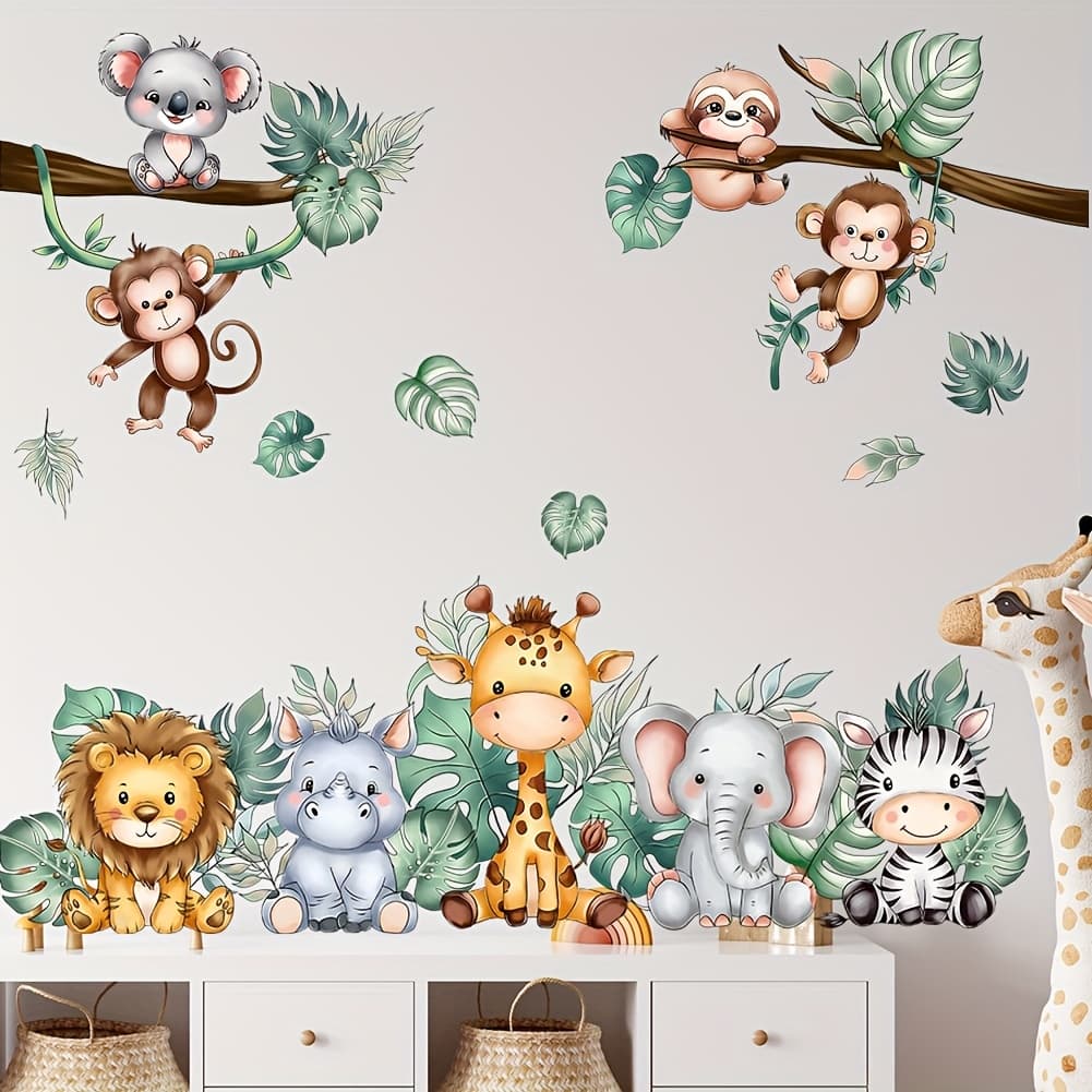 TEMU Cartoon Forest Animals Sitting In A Row Wall Decals - Giraffe, Lion, Elephant, Monkey, Children's Room, Kindergarten, Bedroom, Living Room, Sofa Background Stickers