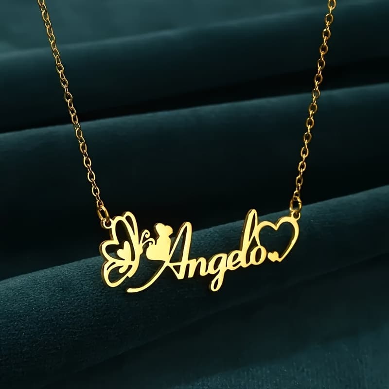 TEMU Personalized & Heart Name Necklace Elegant Golden Plated Stainless Steel Pendant Customized Jewelry For Women Ideal For Daily & Party Occasions Gift