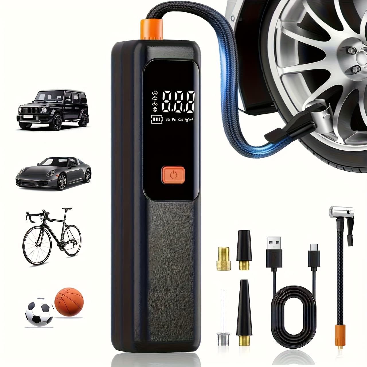 TEMU Car Tire Air Pump, Portable Tire Inflator, Suitable For Bicycle Tires, Motorcycle Tires, And Balls, Portable Tire Inflator Compressor With Tire Pressure Gauge, Car Additions