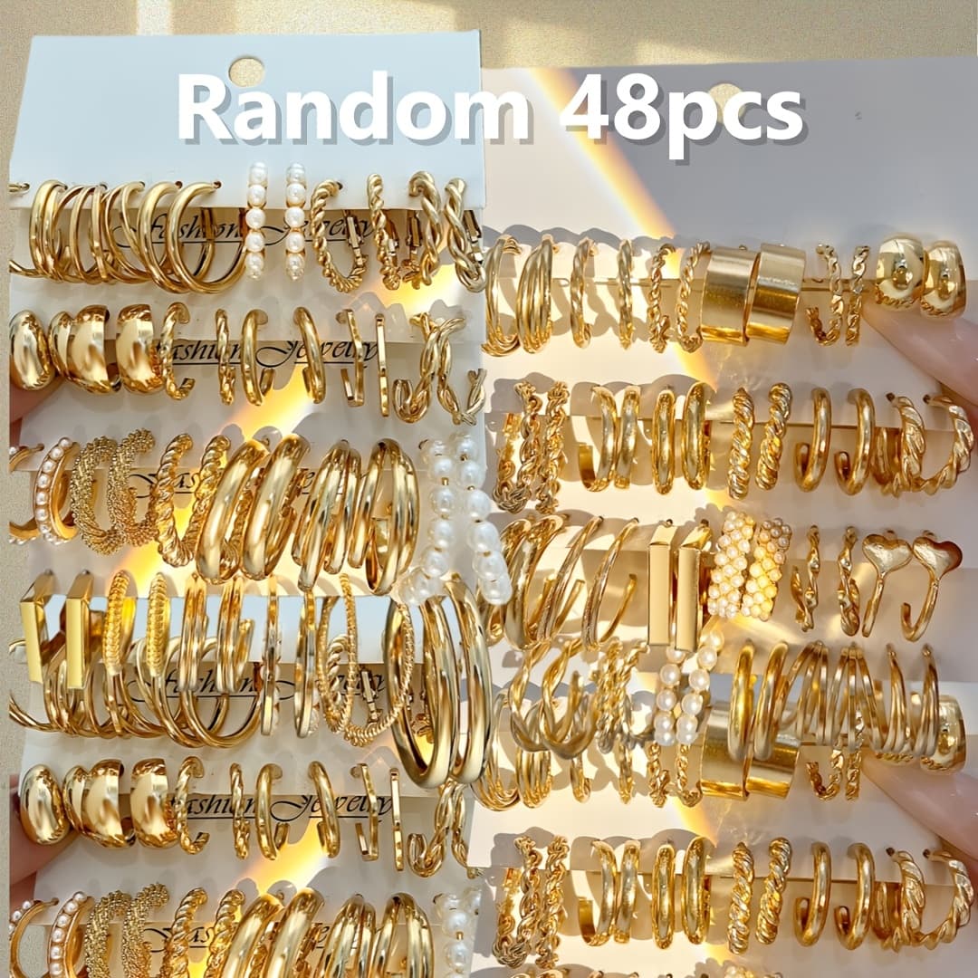 TEMU Random 48pcs Set Of Women's Fashion Hoop Earrings, Featuring Minimalist Metallic With Vintage-inspired Geometric Designs. Suitable For Casual Attire, Holiday Parties, And Festive Gifts.